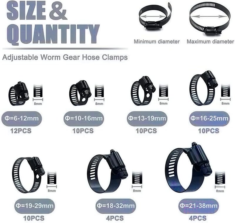 LAZIRO 60Pcs Hose clamp stainless steel Adjustable 6-38mm range worm gear hose clamps Assortment Kit for Plumbing, Automotive, Mechanical Applications (Black) - Image 4